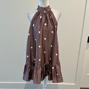 NWT Mable brown and white polka dot print halter neck mini dress Sz S